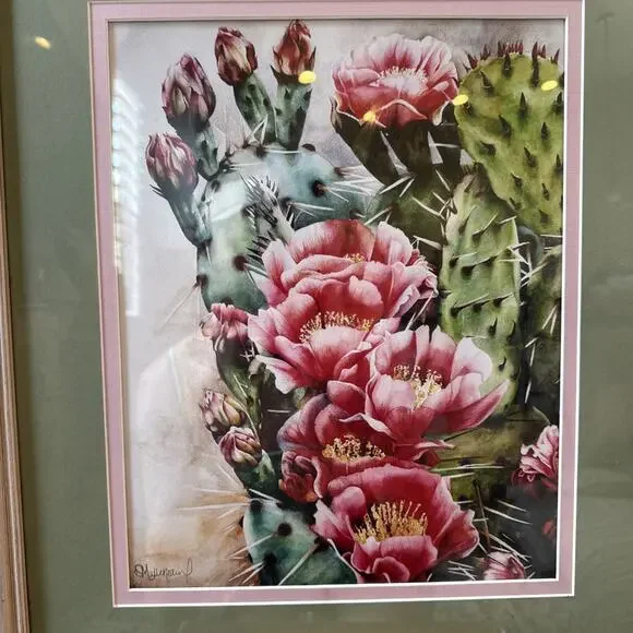 Vintage Signed‎ Newton Oil Painting Wood Frame Matte Desert Cacti Flower 21 X 25